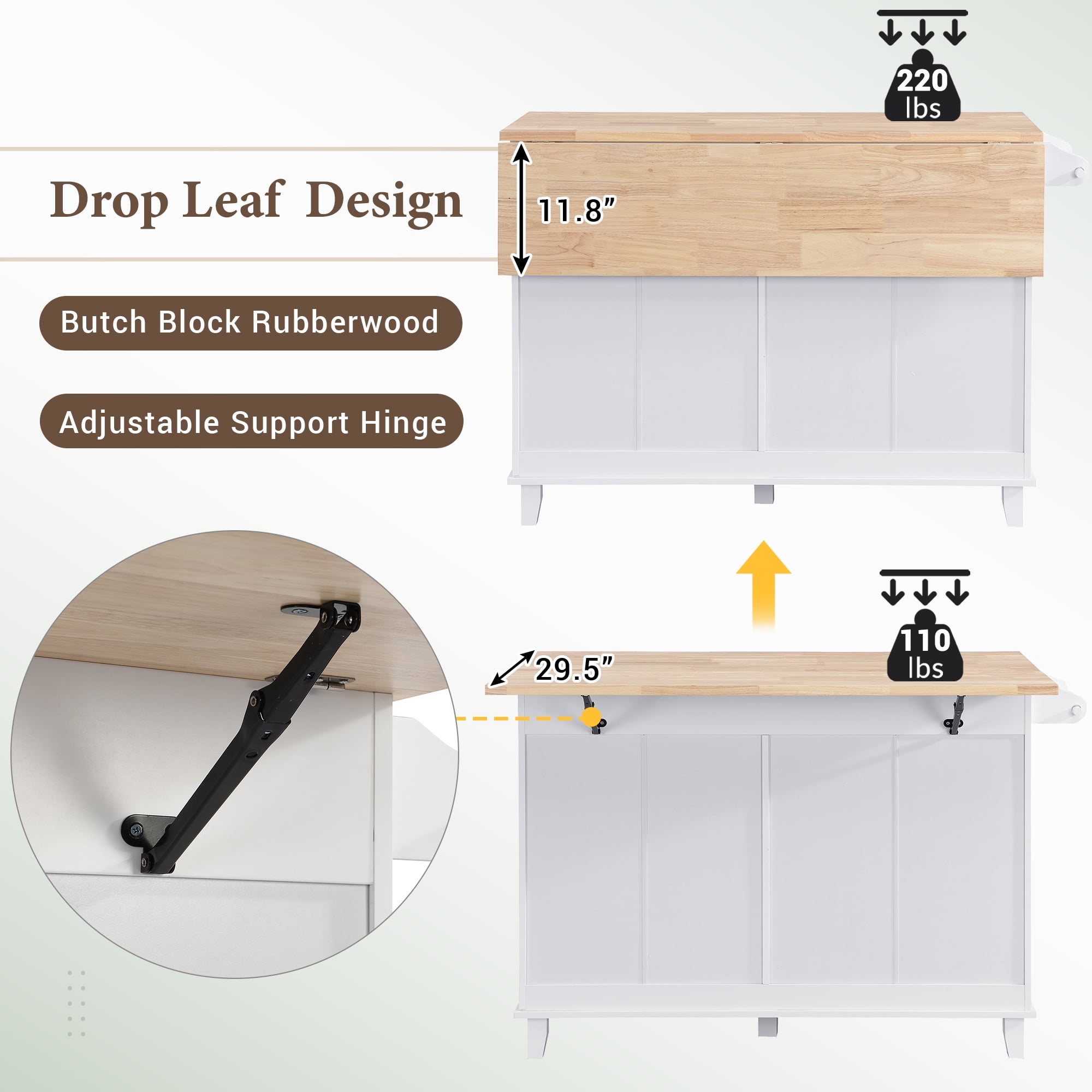 Yoneston Farmhouse Kitchen Island Set with 2 Stools, Dining Table Set with Drop Leaf, Storage Cabinet, Drawers and Towel Rack for Kitchen Dining Room, White