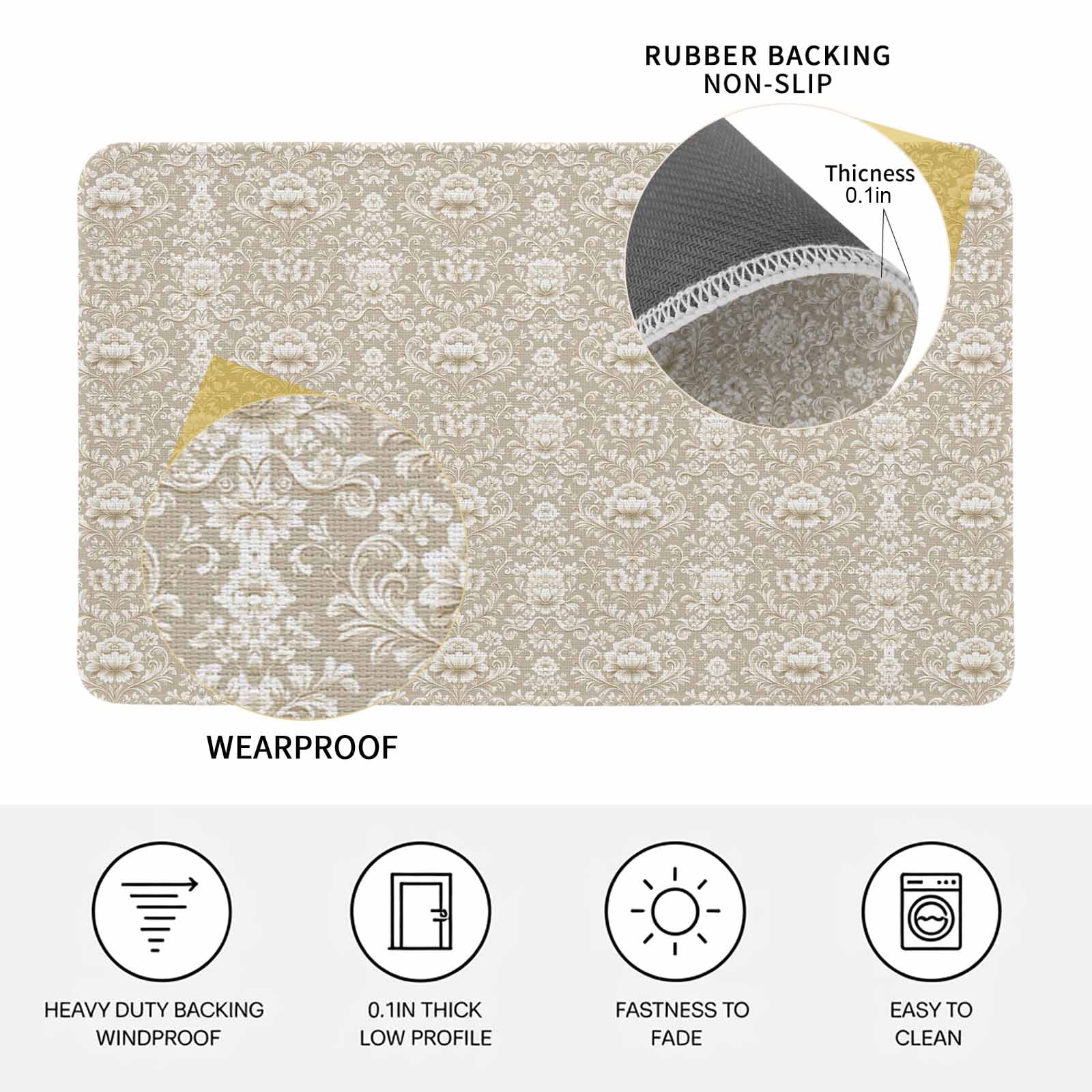 Beige Damask Doormat Outdoor Entrance 24"x36", Vintage Country Scroll Floral Patterned Absorb Moisture Dirt Door Mats, Non-Slip Rubber Backing Floor Mats Indoor, Low-Profile Front Door Rugs