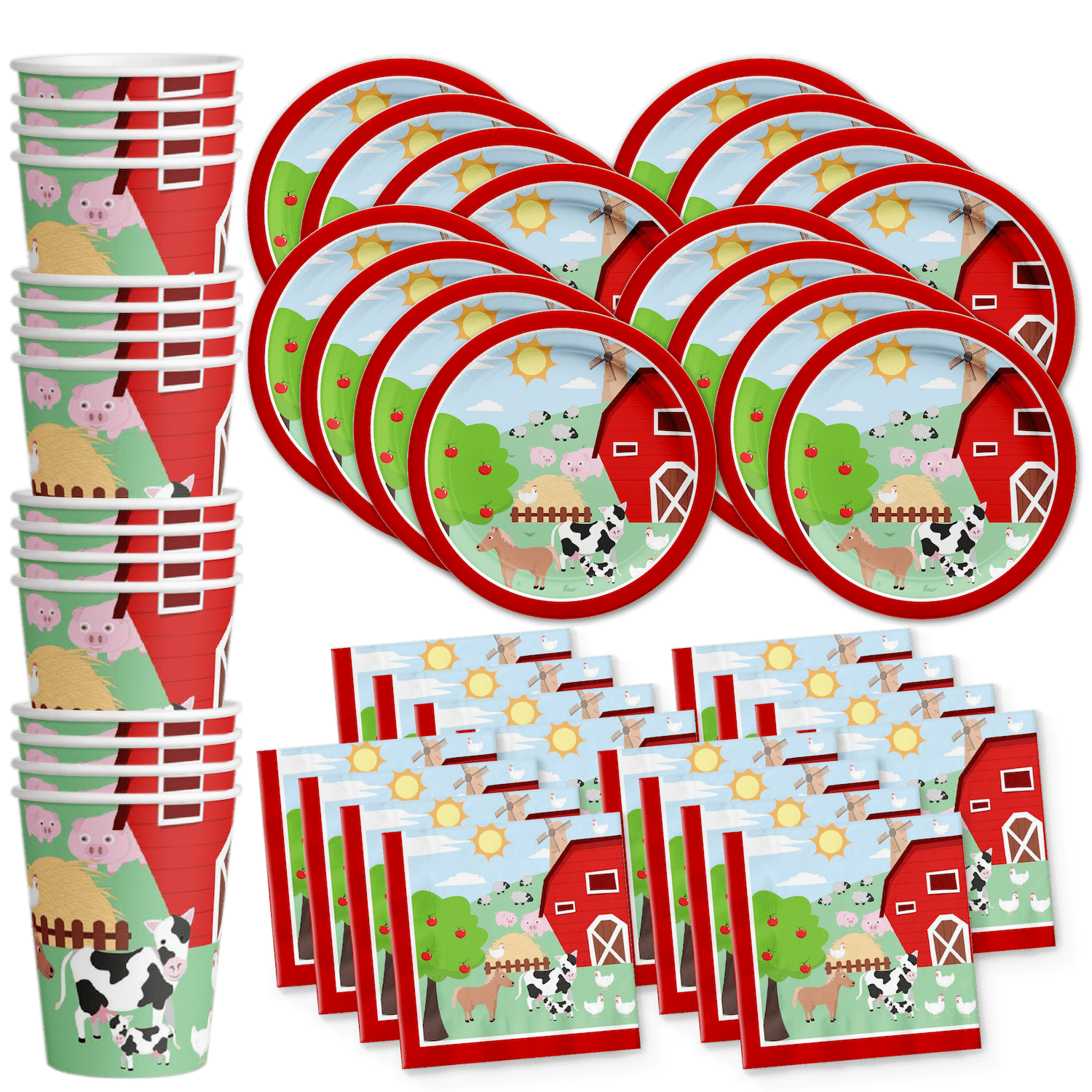 Barnyard Farm Animals Birthday Party Supplies Set Plates Napkins Cups Tableware Kit for 16