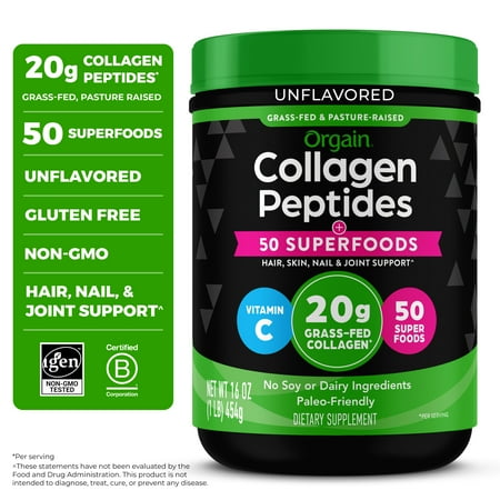 Orgain Grass-Fed 20g Collagen Peptides + 50 Organic Superfoods Powder, Type I & III, 1lb