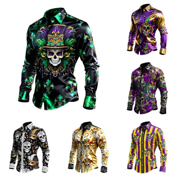 Mens Shirts Casual Long Sleeve Button Down Carnival Top Party Celebration Wear Breathable Fabric Comfortable Shirt for Men Black L