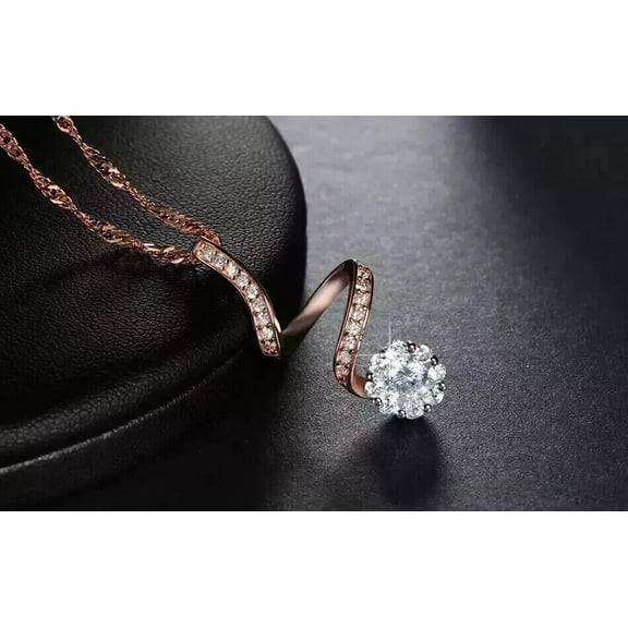 Om Jewels Women Round Cut Moissanite Journey Wome Pendant w/ Chain 14K Rose Gold Plated