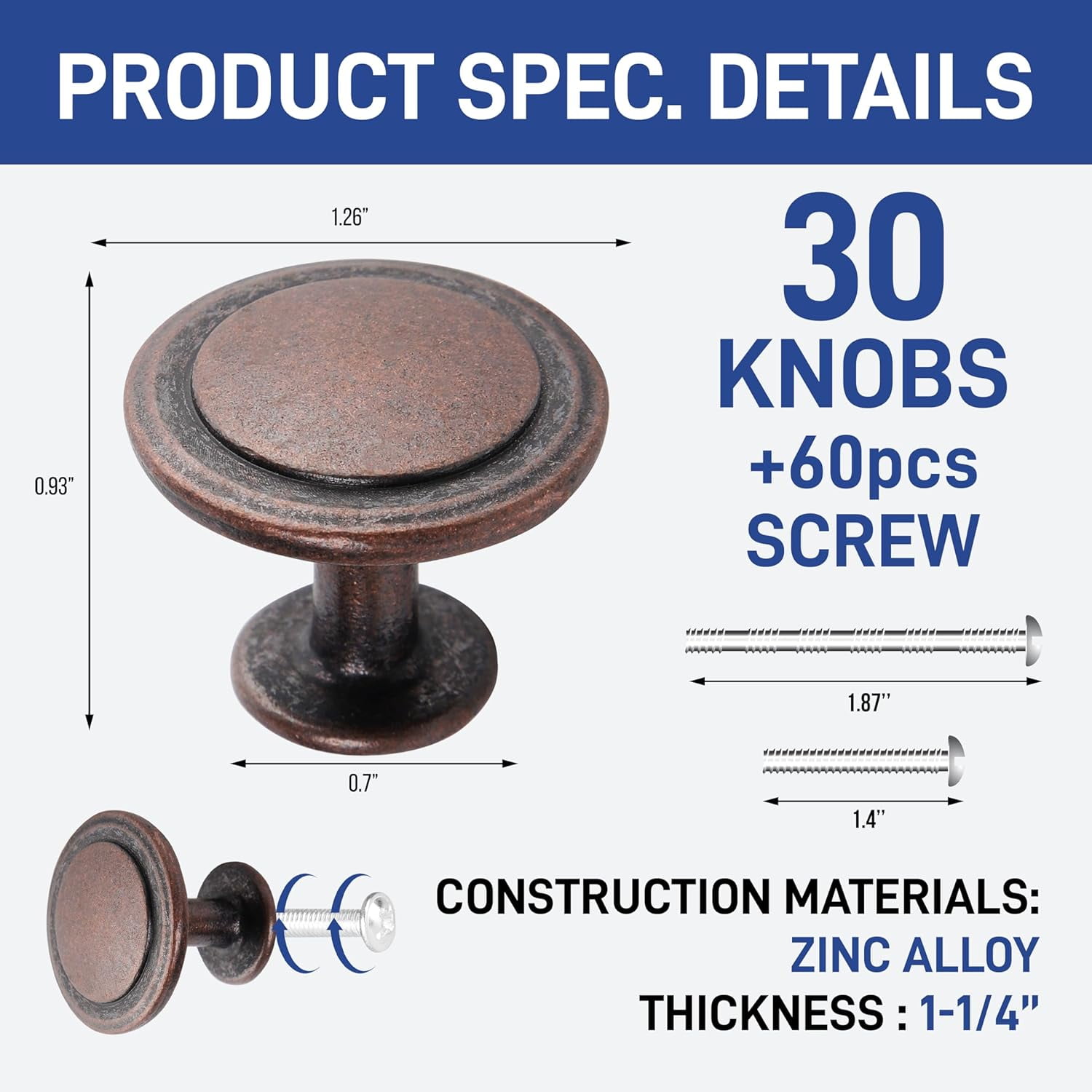 LifeMaster 30pcs 30/4 inch Kitchen Cabinet Knobs - Rust-Proof Oil Rubbed Bronze Finish, Modern Zinc Alloy Drawer Pulls, Strong and Stylish Handles with Screws