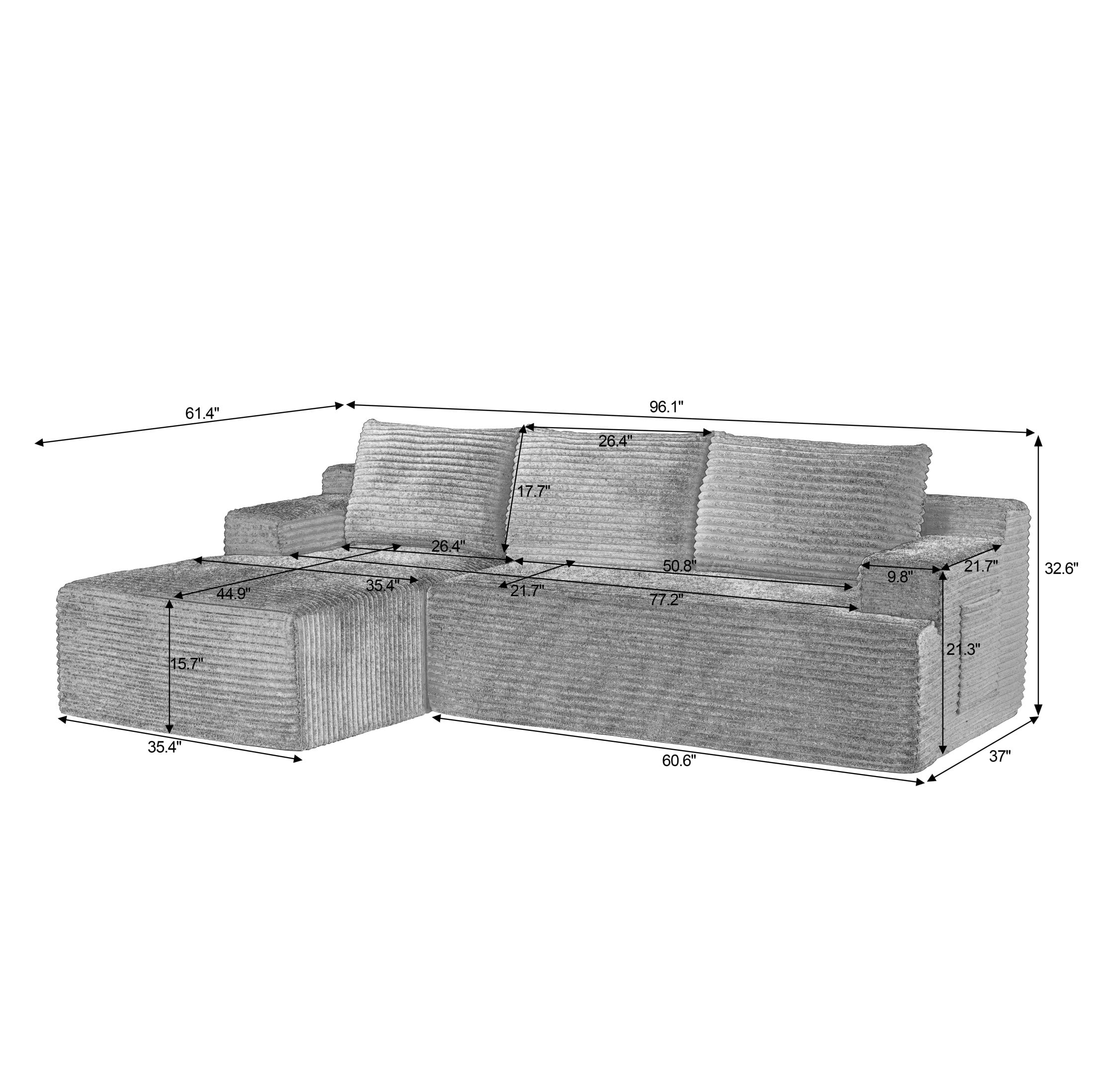 Aukfa 96" L-Shaped Cloud Sectional Sofa, Modular Boneless Couch with Deep Seat, Left-Facing Chaise, Corduroy Sleeper Sofa for Living Room, Blue