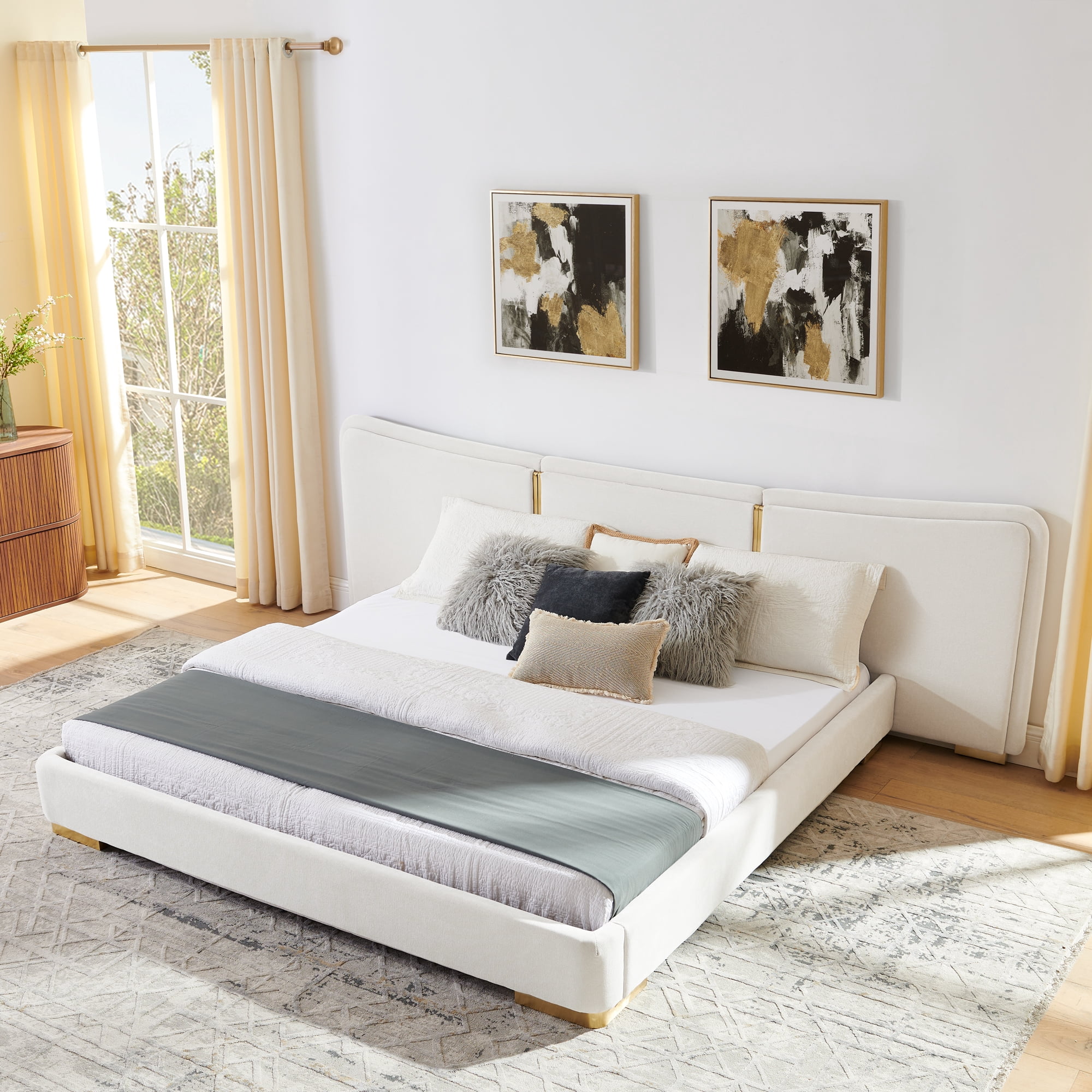 King Size Platform Bed with Extra Large Curved Headboard in Beige