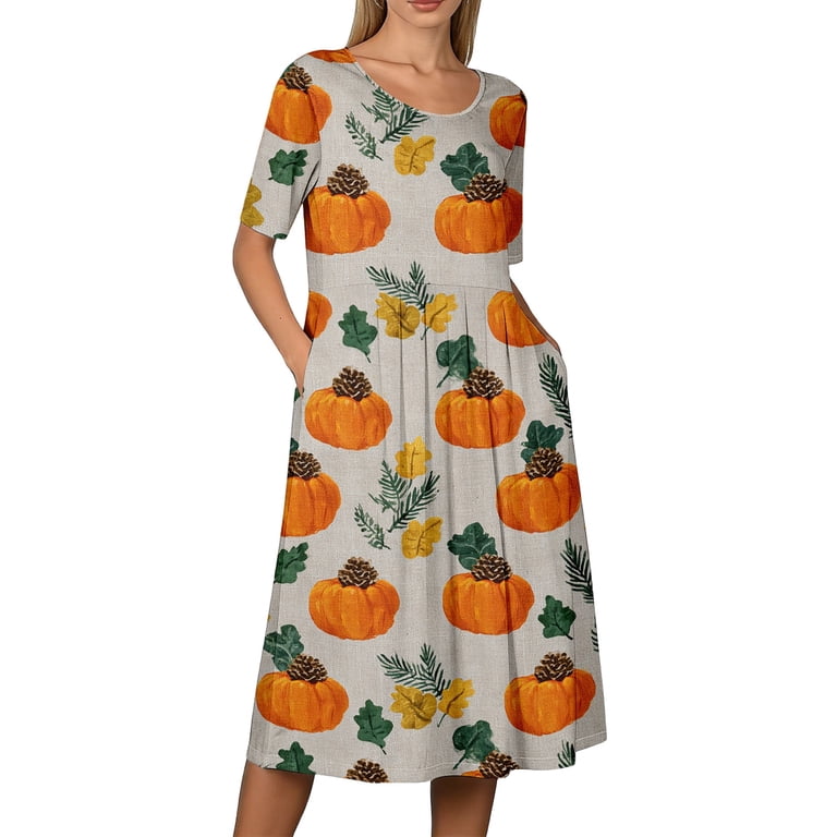 Halloween Summer Dresses for Women Novelty Halloween Pumpkin Wedding Dress Short Sleeve Renaissance Loose Fit Flowy Midi Halloween Costumes for Women Khaki S