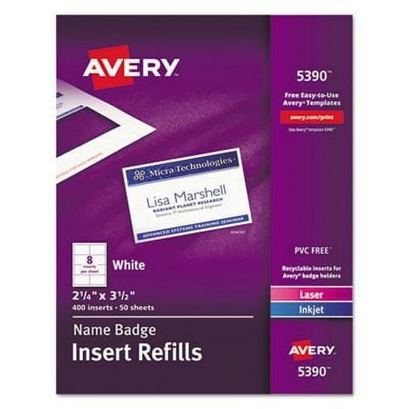Avery 5390 Insert Badge Refill, Fits 2-1/4-Inch x3-1/2-Inch, 8/Sht, 400/BX, WE