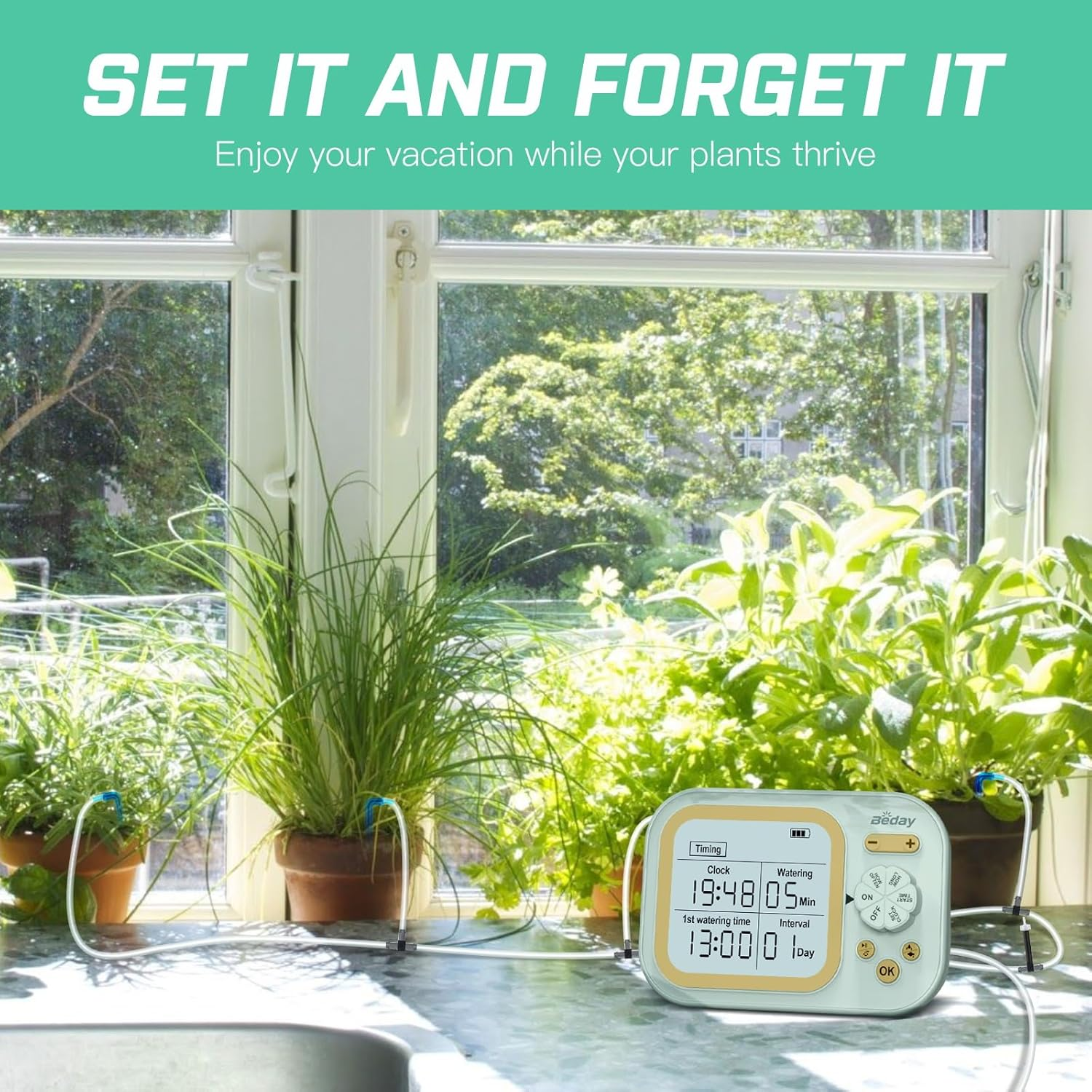 Automatic Plant Waterer Indoor Self Watering System for 15 Potted Plants, Auto Drip Irrigation Kit Programmable Water Timer with Smart Humidity Detection, Green