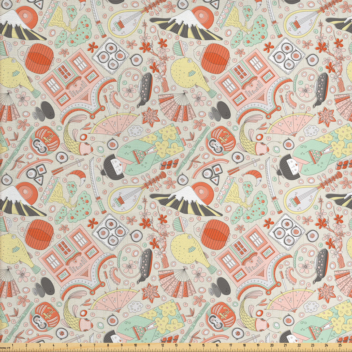 Japanese Fabric by The Yard, Doodle Koi Fish Sakura Bonsai Tree and