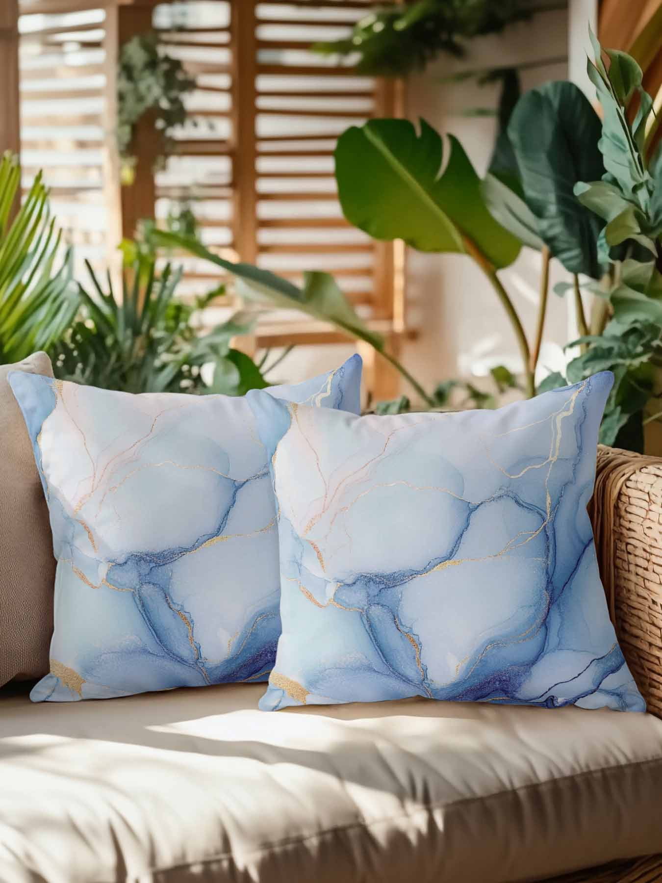 Outdoor Pillows Waterproof, Blue Marble Bedding Throw Pillows with Insert for Couch Sofa Bed, Gradual Modern Abstract Art 18x18 Inch Pillowcases Decorative Camping Patio Pillow Set of 2