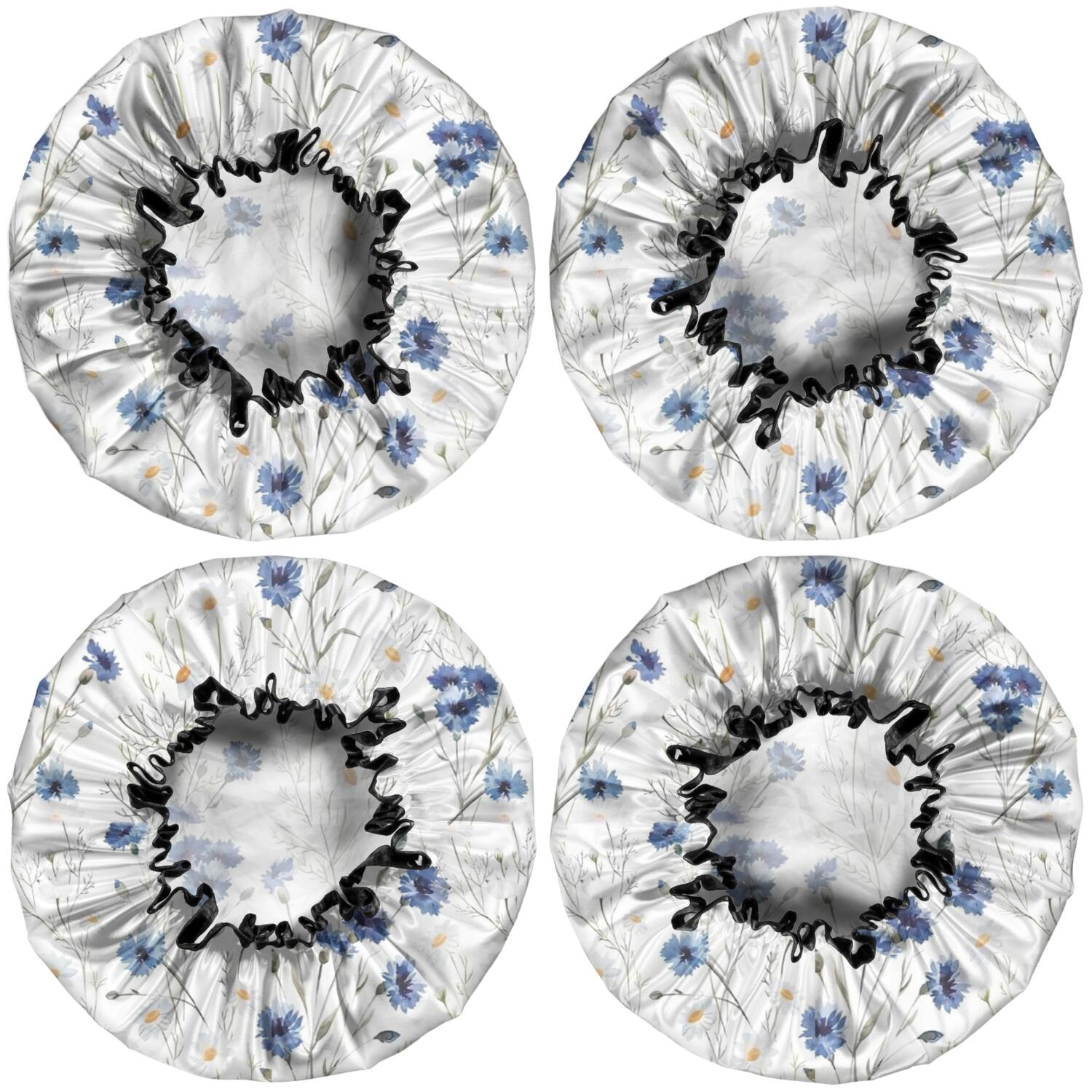 Shower Caps,White Daisy Flower Pattern Waterproof Shower Cap for Women 4 Pieces,Double Reusable Hair Cover for Shower PEVA Elastic Stretch Hem