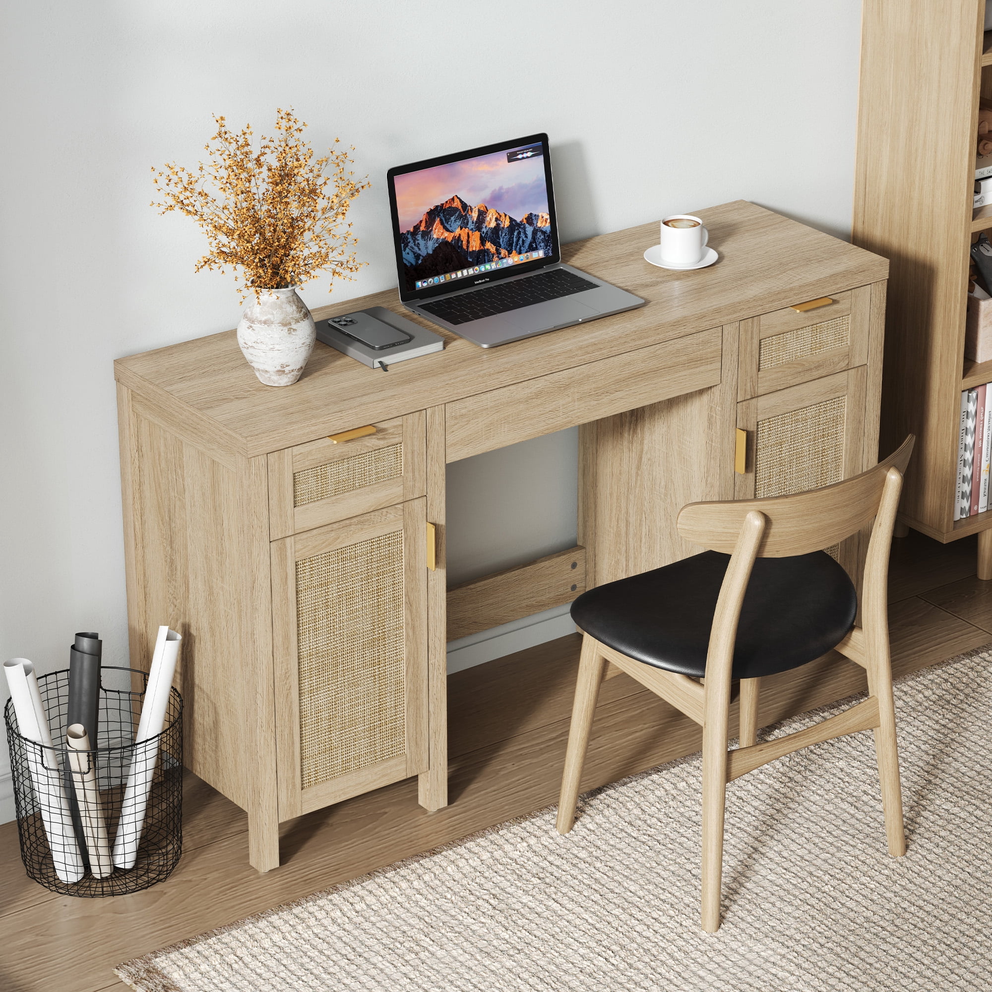 SICOTAS 52" Rattan Computer Desk with 3 Drawers & 2 Storage Cabinets, Boho Executive Desk, Modern Writing Desk for Home Office Bedroom, Light Oak