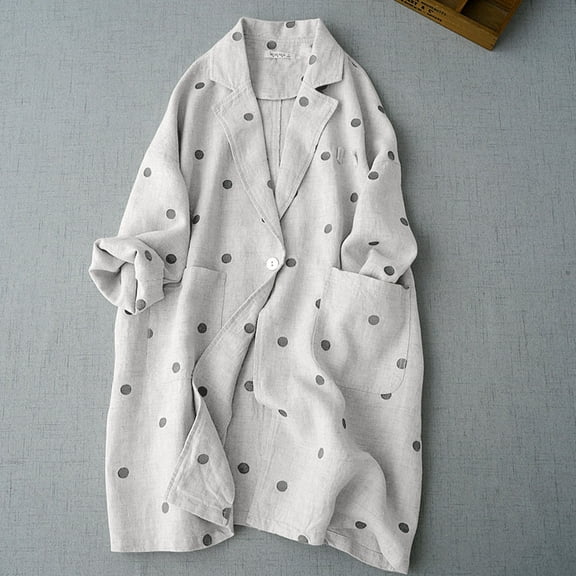 Lopecy-Sta Women's Cotton Linen Polka Dot Blazer, Plus Size Loose Long Sleeve Trench Coat, Casual Mid-Length Open Front Outerwear for Spring Autumn White L