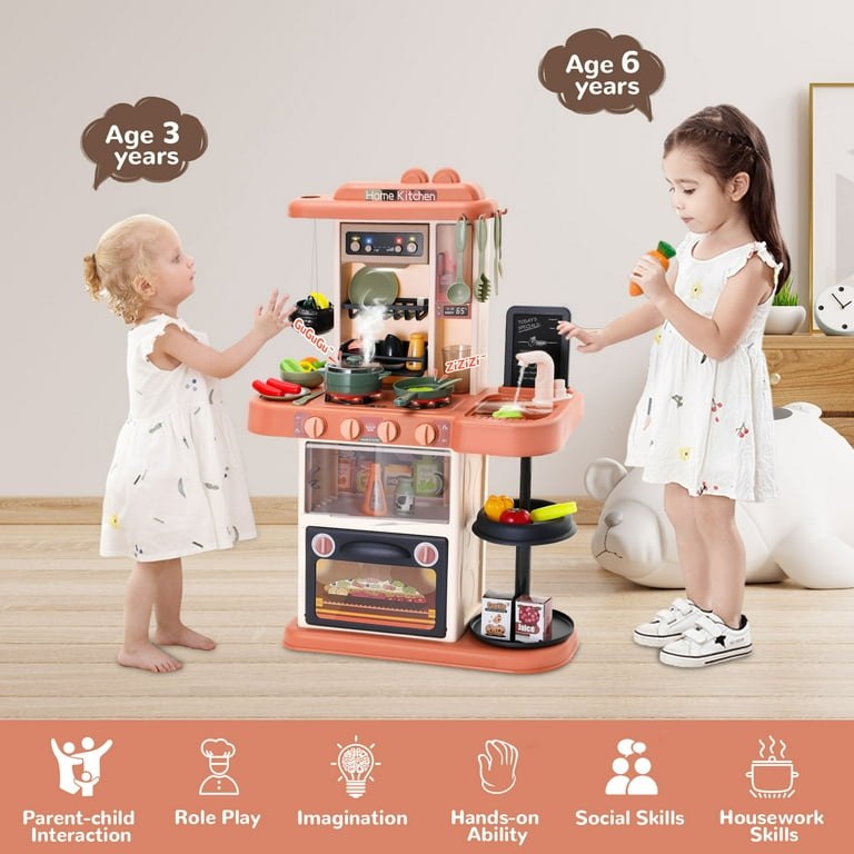 Wisairt Play Kitchen Set for Kids, 2.1FT Tall Kids Play Kitchen with  Realistic Lights and Sounds, Simulation of Spray, 42Pcs Toy Kitchen Set for  Toddlers Girls Boys Gift - Small (Orange Red) 