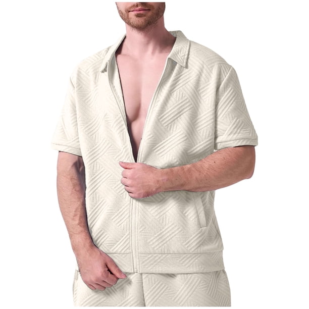 pstuiky Mangas cortas para hombre, Camisa informal de verano para hombre, de color liso, de manga corta, con solapa y cremallera camisetas de hombre m