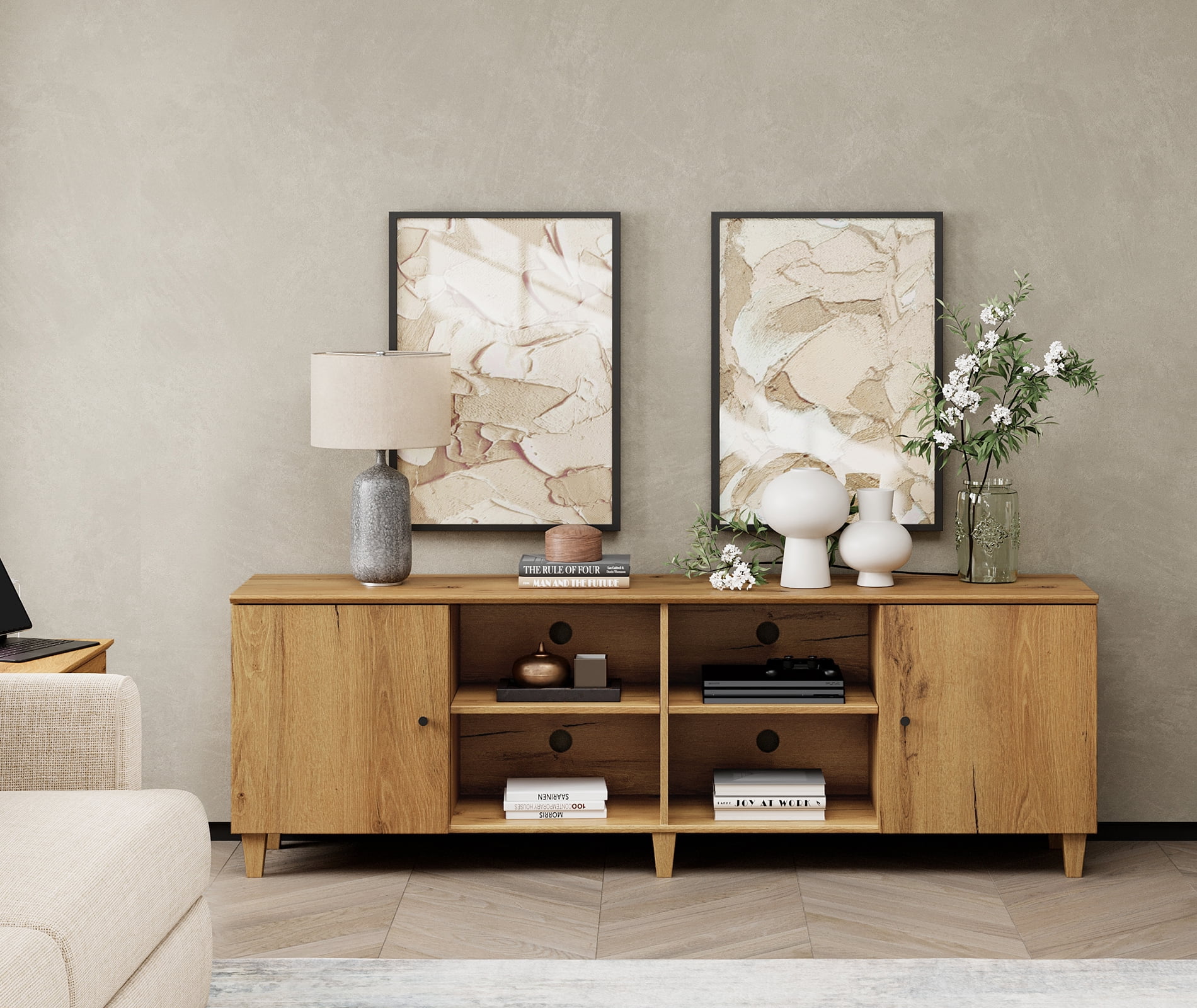 71" Wide TV Stand Cabinet for 75+ Inches TVs, Modern Wood Low Media Console with Door & Shelves, Dark Brown