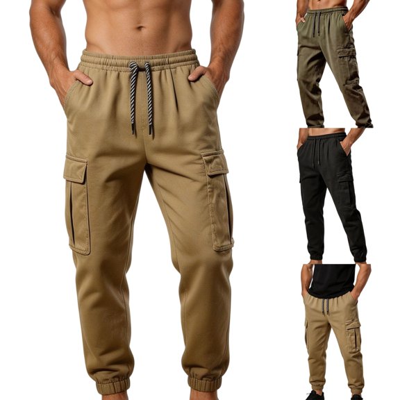 Men's Casual Cargo Joggers Pants Straight Leg Loose Stretch Elastic Waist Drawstring Tapered Sweatpants with Muti Flap Pockets Size 3XL Khaki