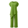 thumbnail image 2 of NMMUED 2 Piece Outfits for Women Asymmetrical Hem Short Sleeve Button Top Wide Leg Pants Set Casual Summer Lounge Matching Suits Green L, 2 of 6