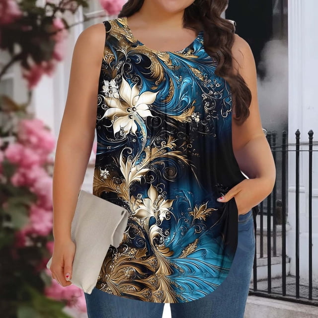 XUNKUSGA Débardeurs Grande Taille pour Femmes Été Sans Manches Tunique Col Rond Décontracté T-Shirts Amples pour Femmes Mode Été Tunique Plissée Florale Blouses, 4TG, Noir
