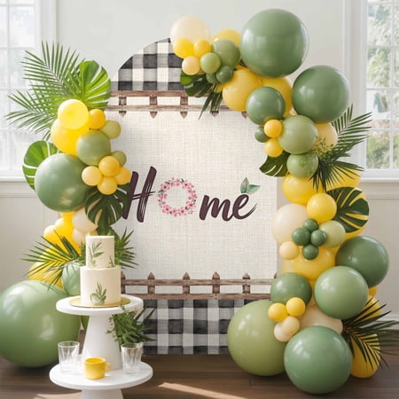 Home Arch Backdrop Cover 5FT Spring Floral Ring Leaf Wooden Barriers Gray Plaid Linen Texture Spandex Arch Covers Double-Sided Backdrop for Wedding Birthday Party Photo Background Decoration