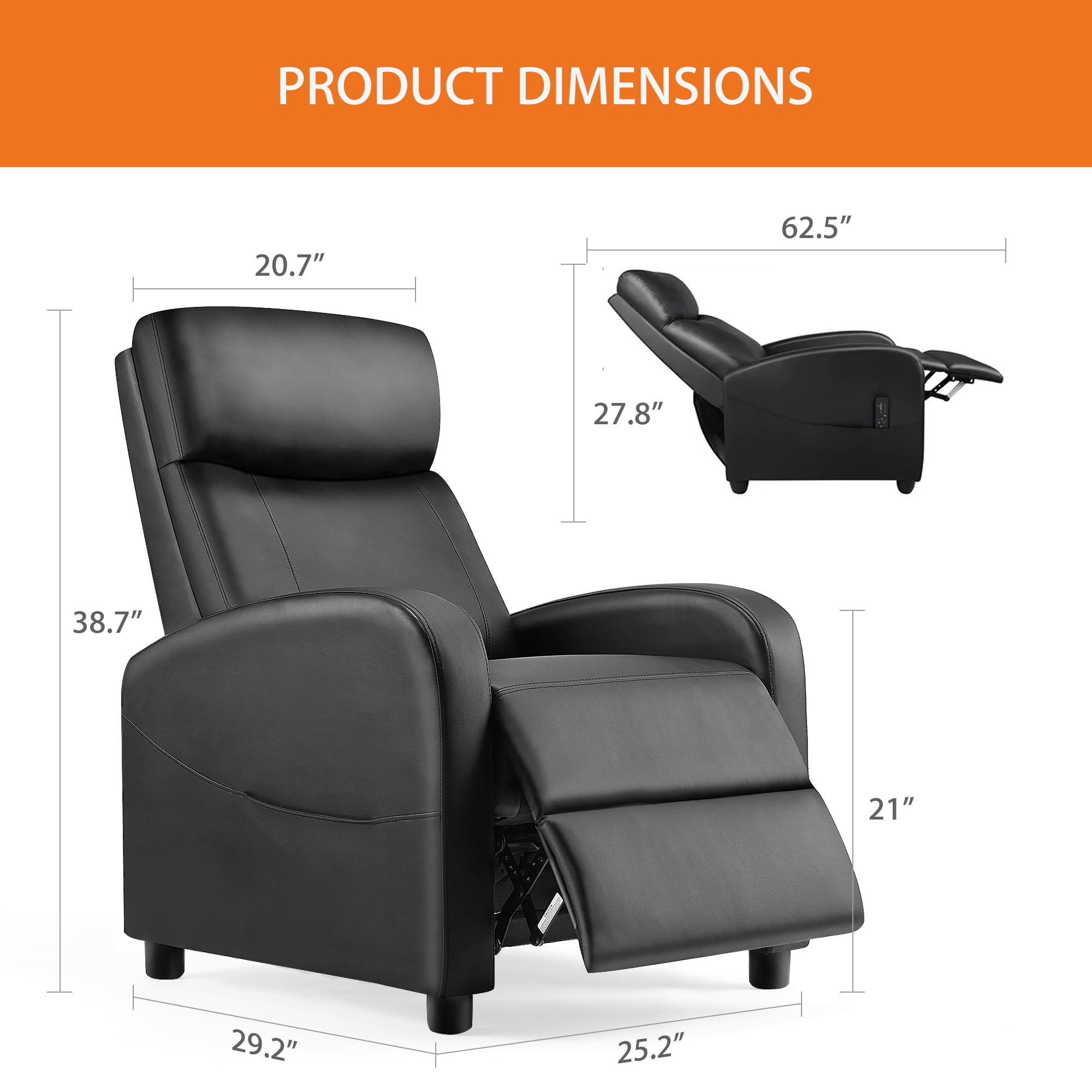 GIANNA Massage Recliner, Home Theater Recliner with Padded Seat and Massage Backrest, Black