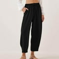 thumbnail image 2 of Women's Elastic High Waist Capri Pants Cotton Linen Lightweight Comfy Vacation Beach Summer Casual Loose Wide Leg Pants Black,M, 2 of 7