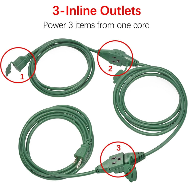 Clear Power 16/3 SJTW 25ft Outdoor Extension Cord with 3 Inline Outlets &  Outlet Covers, Green CP10225