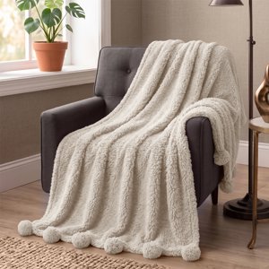Pavilia Sherpa Throw Blanket with Pom Pom, Beige 50x60