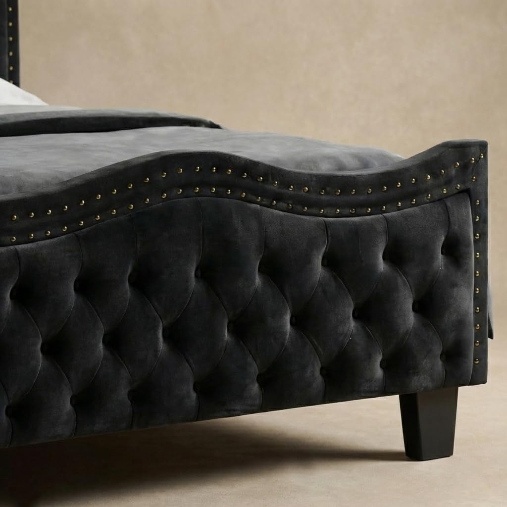 Queen Size Bed Frame with Headboard and Footboard, Upholstered Platform Bed, with 50 Inch Tall Wingback Tufted Headboard, Jet Black Velvet Button Tufted, Sturdy/No Box Spring Needed/Noise Free