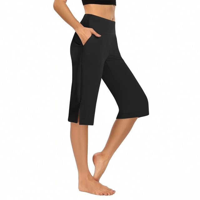 Womens Bermuda Long Shorts Summer Stretch Knee Length Capris Side Silt High Waisted Athletic Shorts with Pockets