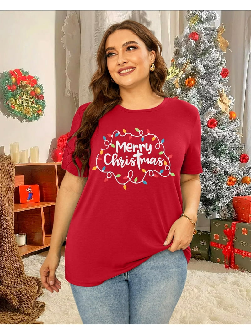 KimSoong Merry Christmas Plus Size Shirt Women Christmas Lights T