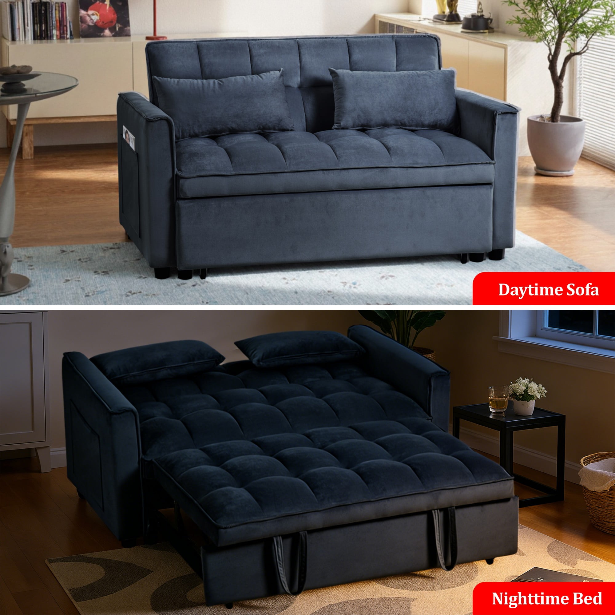 Gewnee 52.75 Inch 3 in 1 Convertible Sofa Bed,Velvet Pull Out Couch WITH Adjustable Backrest & Storage Pockets for Living Room,Apartment.Black