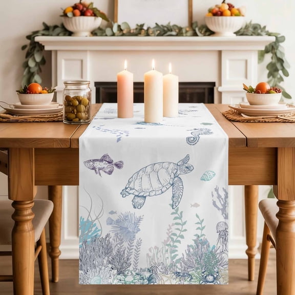 Ocean Coastal Table Runner, Sea Turtle Coral Starfish Seaweed Hand Drawn Cotton Linen Kitchen Table Decoration Washable Dining Tabletop Runners for Home Party Decor 13x60 Inches