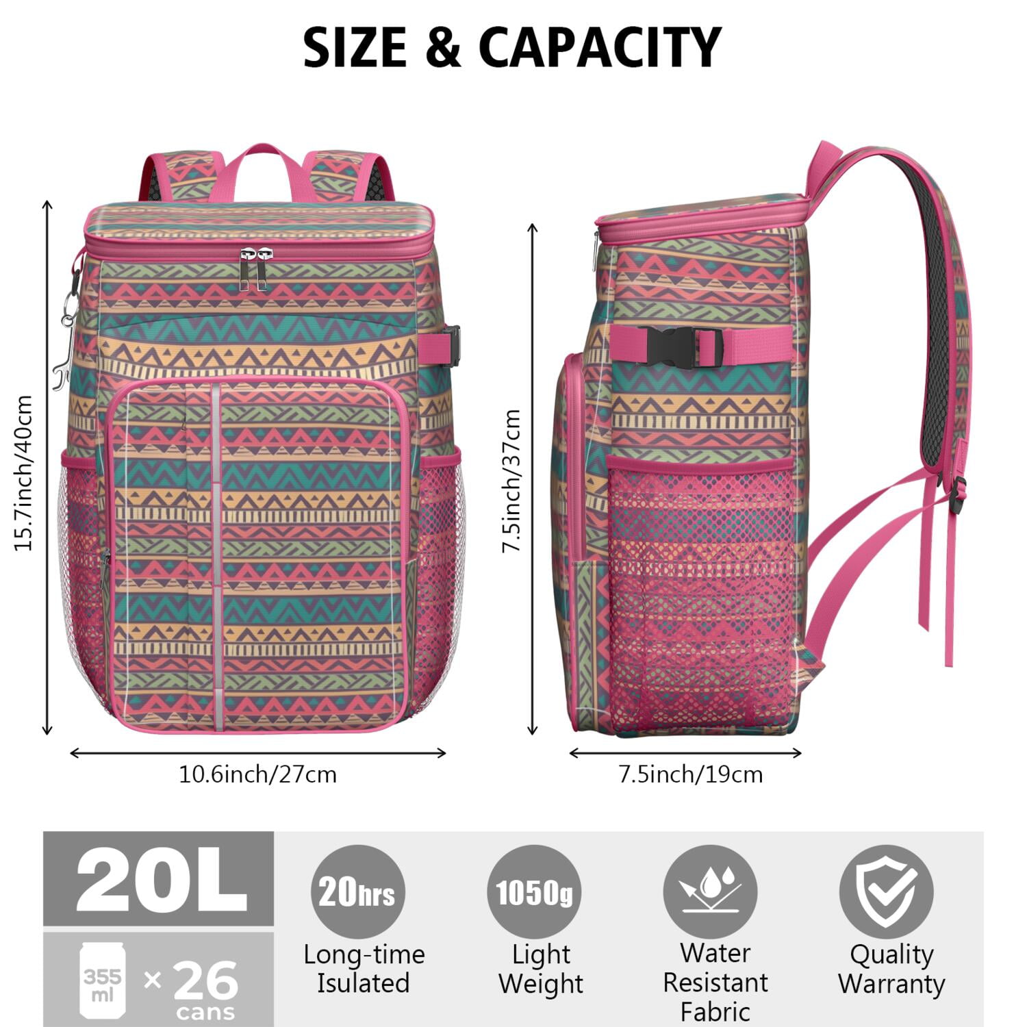 Travel Cooler Bag - Boho Bohemia Pioneer Flower Geometric Line Art Camping Beer Cooler Backpack with Bottle Opener- Waterproof Insulated Picnic Backpacks - Cooler Bag for Beach