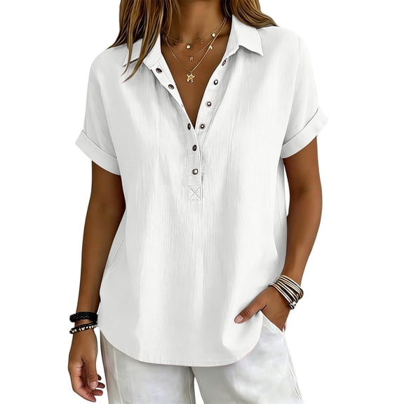 Linen Tops for Women Summer Gauze Shirts Button Down Short Sleeve V Neck Blouses Dressy Casual Tunic Clothes White L