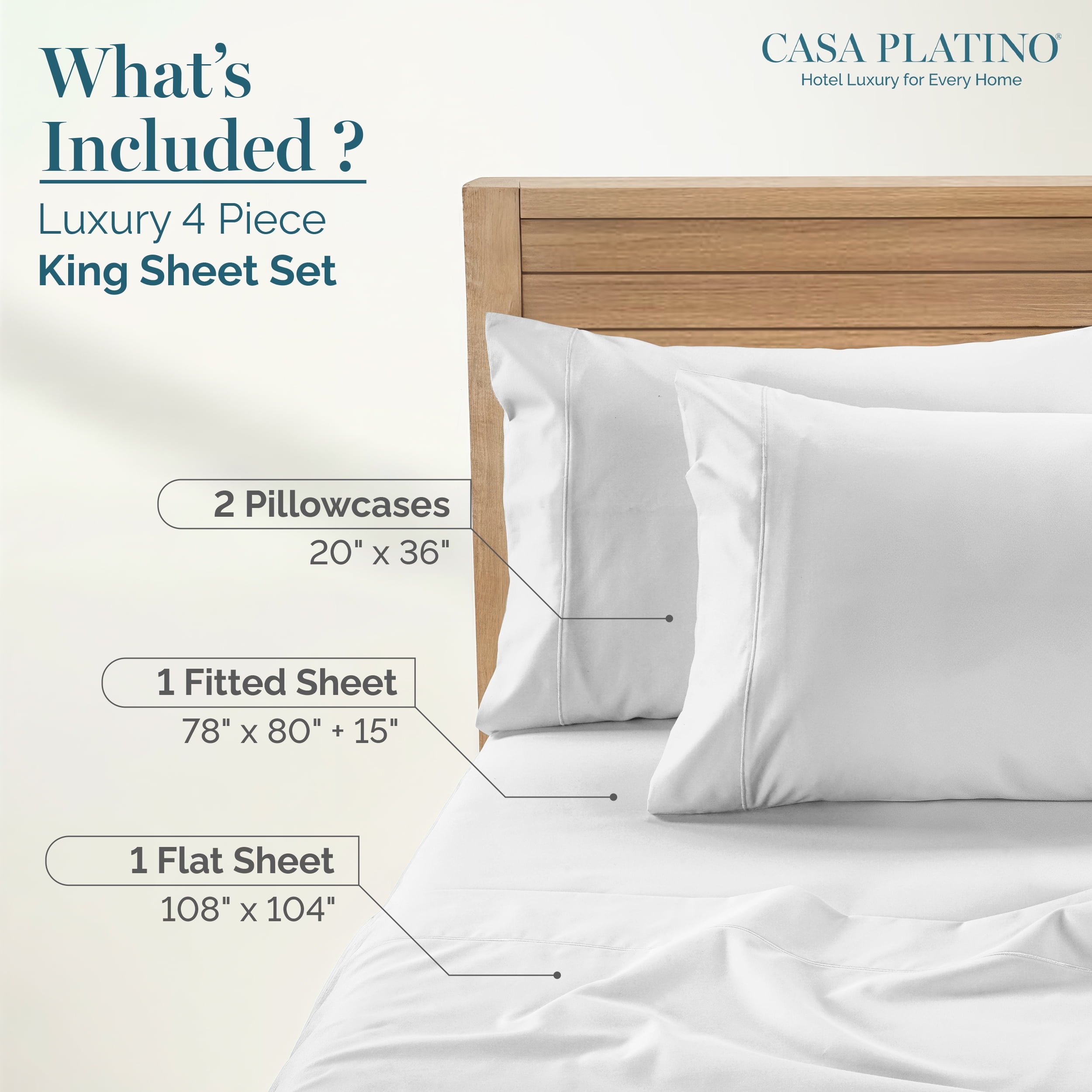 Casa Platino 100% Egyptian Cotton Sheets – 4 Piece King Sheet Set,Premium Sateen Weave with a Buttery-Soft, Silky Feel for All-Season Comfort, 15” Deep Pocket, Machine Washable – White
