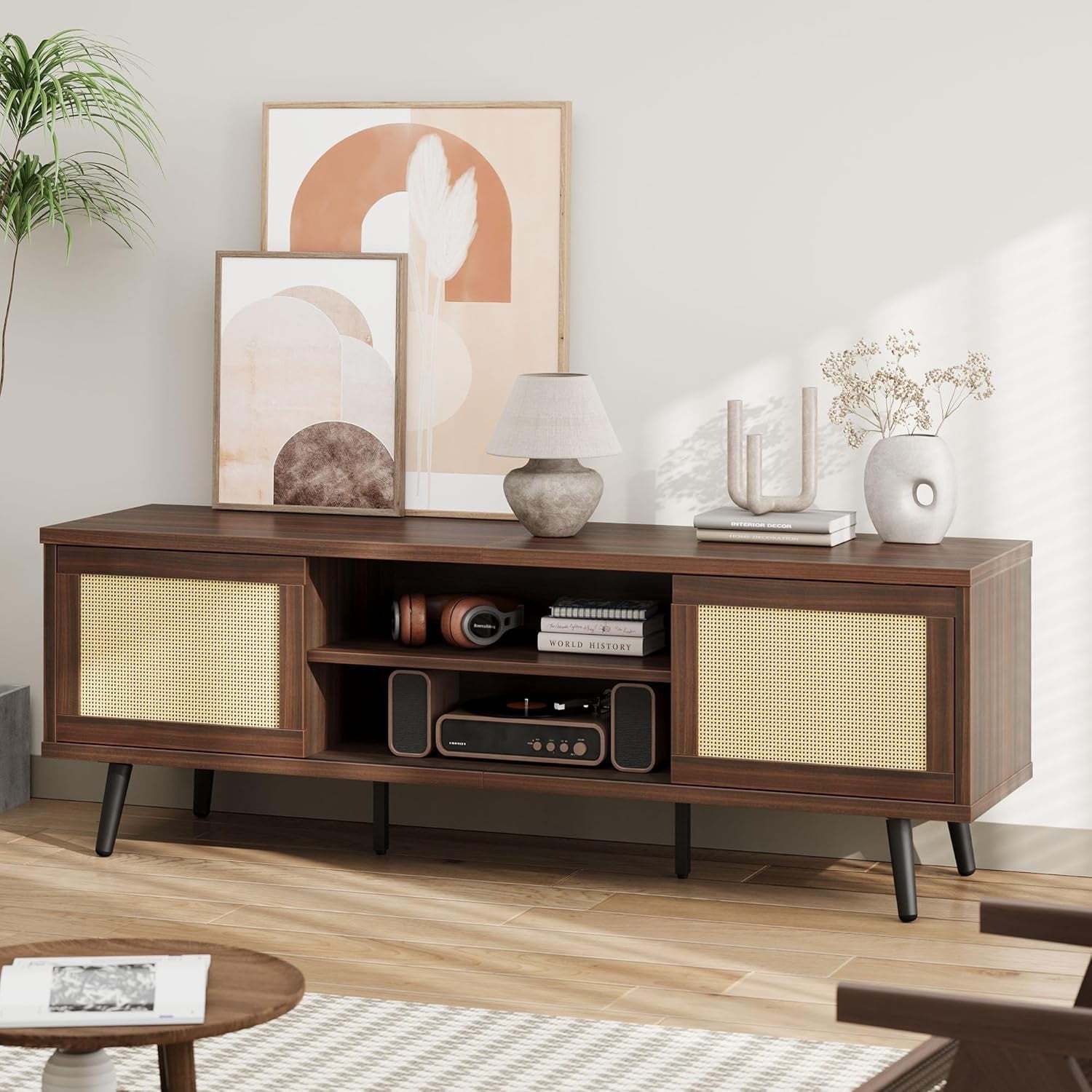 Bestier 63" Boho TV Stand for TVs up to 65 inch, Mid Century Modern TV Stand with Rattan Sliding Doors, Entertainment Center  for Living Room, Walnut