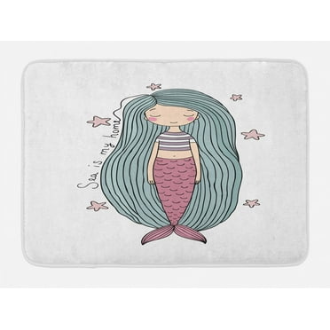 Mermaid Bath Mat, Sea is My Home Quote Written in Strand of Hair Girl Sleeping with Stars, Non-Slip Plush Mat Bathroom Kitchen Laundry Room Decor, 29.5 X 17.5 Inches, Pink Lilac Slate Blue, Ambesonne