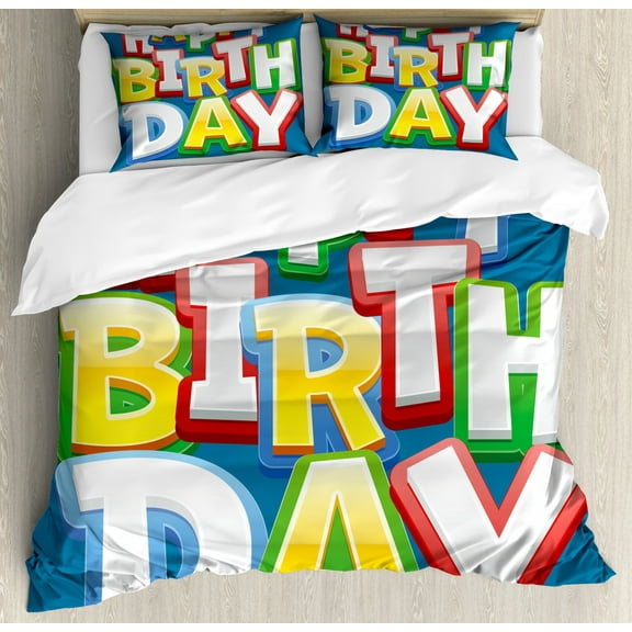 Kids Birthday Duvet Cover Set King Size, Rainbow Colored Happy Birthday Quote Typography on Blue Color Backdrop Print, Decorative 3 Piece Bedding Set with 2 Pillow Shams, Multicolor, by Ambesonne