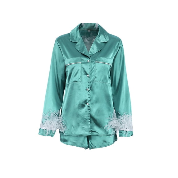 Kiapeise Women Satin Feather Sleeve Pajamas Set Button Down Long Sleeve Sleepwear Silk Shorts 2Pcs Nightwear Loungewear Pjs