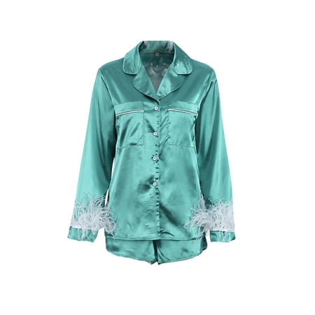 

Caitzr Womens Silk Satin Pajamas Set With Feather Long Sleeve Button Down Shirts Shorts Sleepwear Nightwear 2PCS Pj Set