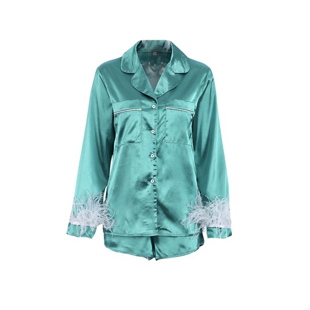 SAYOO Conjunto de pijamas femeninos camisa de botón de manga larga de plumas + pantalones cortos 2 conjuntos de pijamas SAYOO moda