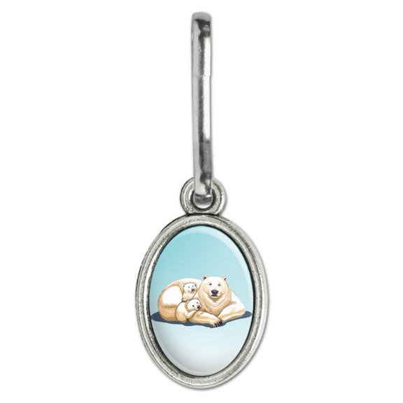 Polar Bear Mom with Cubs Family Antiqued Oval Charm Clothes Purse Suitcase Backpack Zipper Pull Aid