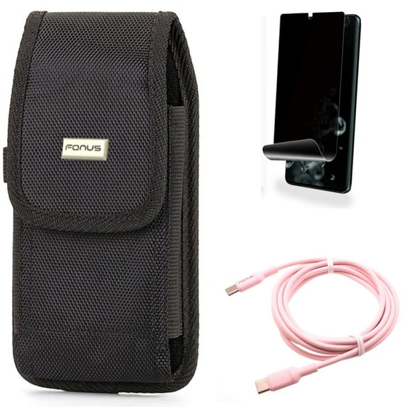 Privacy Screen Protector w Case Belt Clip w Pink 10ft Long Cable for Samsung Galaxy S20 Ultra - TPU Film [NOT GLASS] [Fingerprint Works], Rugged Holster Canvas, USB-C to Type-C fits Galaxy S20 Ultra