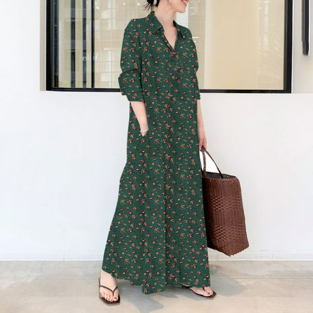 Meichang Robe Chemise à Imprimé Floral pour Femmes Grande Taille à Manches Longues à Revers Boutonnée Robes Maxi Décontractées Coupe Ample Évasée Robe en Coton et Lin avec Poches