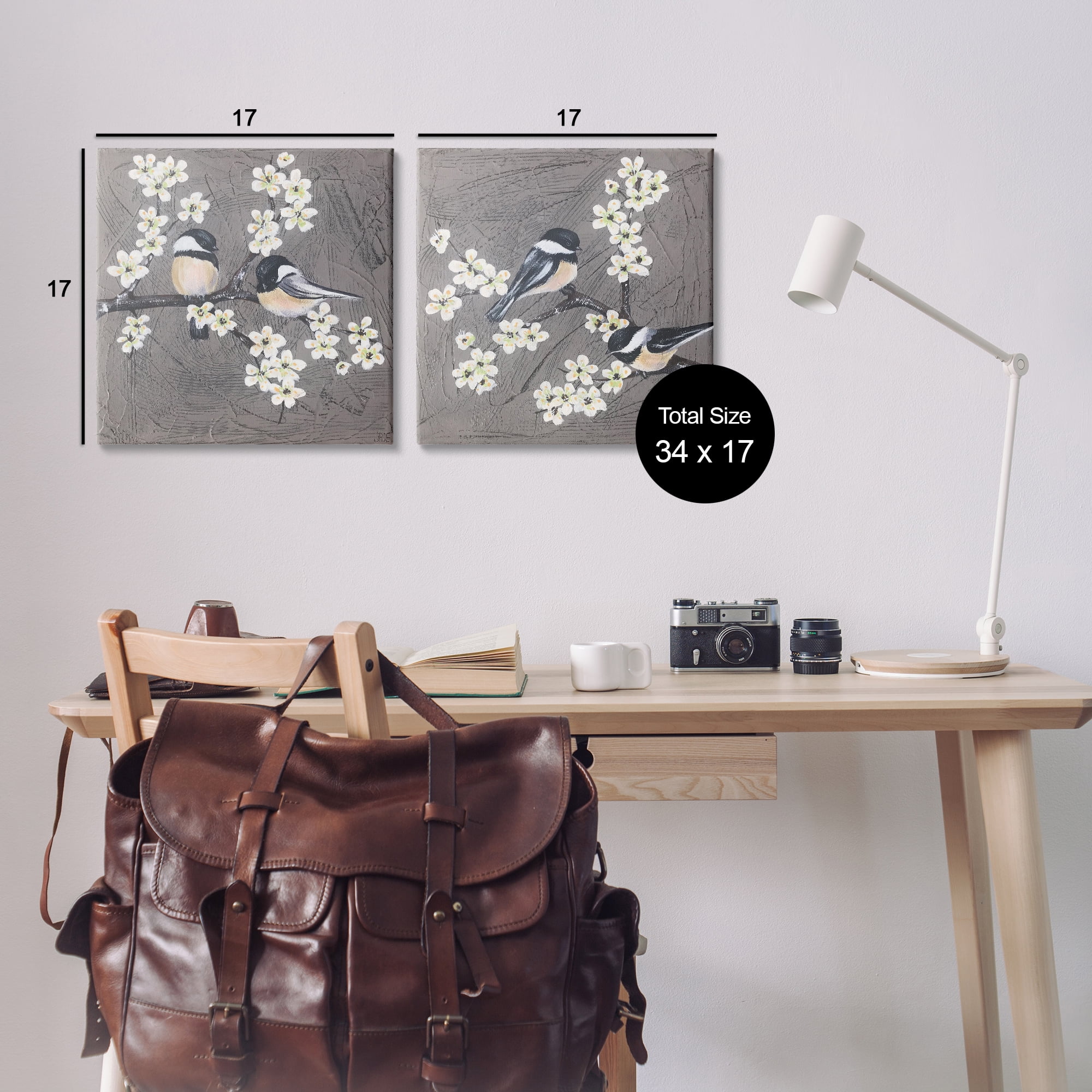 Stupell Industries Chickadee Birds Flowering Branch Animals Painting Wrapped Canvas Art Print Wall Art, 17 x 17, Set of 2