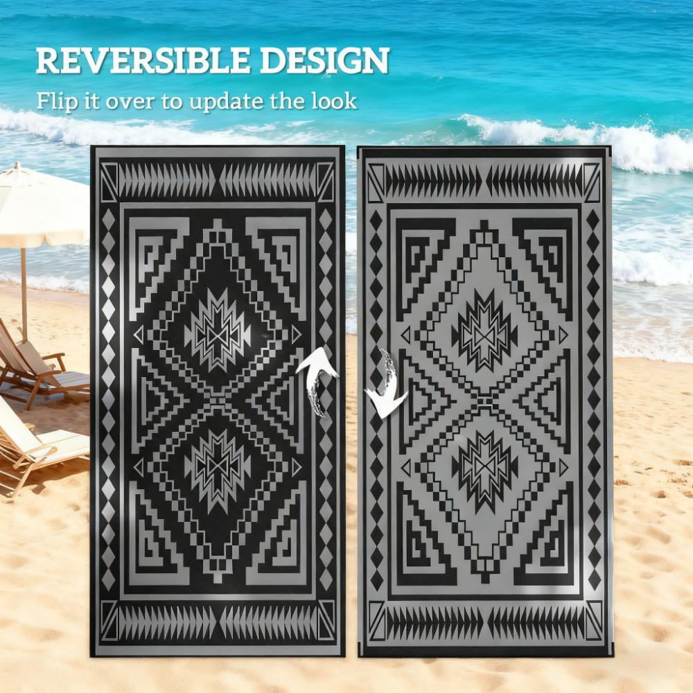9' x 18' Black and Gray Square Patchwork Patio Rug, Reversible Waterproof Plastic Straw Outdoor Rug, Foldable Portable RV Camping Mat with Carry Bag