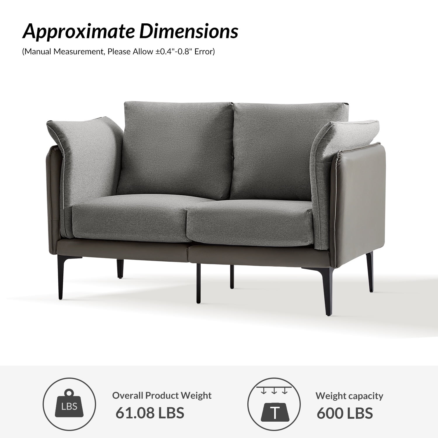 Modern Loveseat with Metal Legs Curved Arms Linen Leather Fabric Sofa for Living Room Grey
