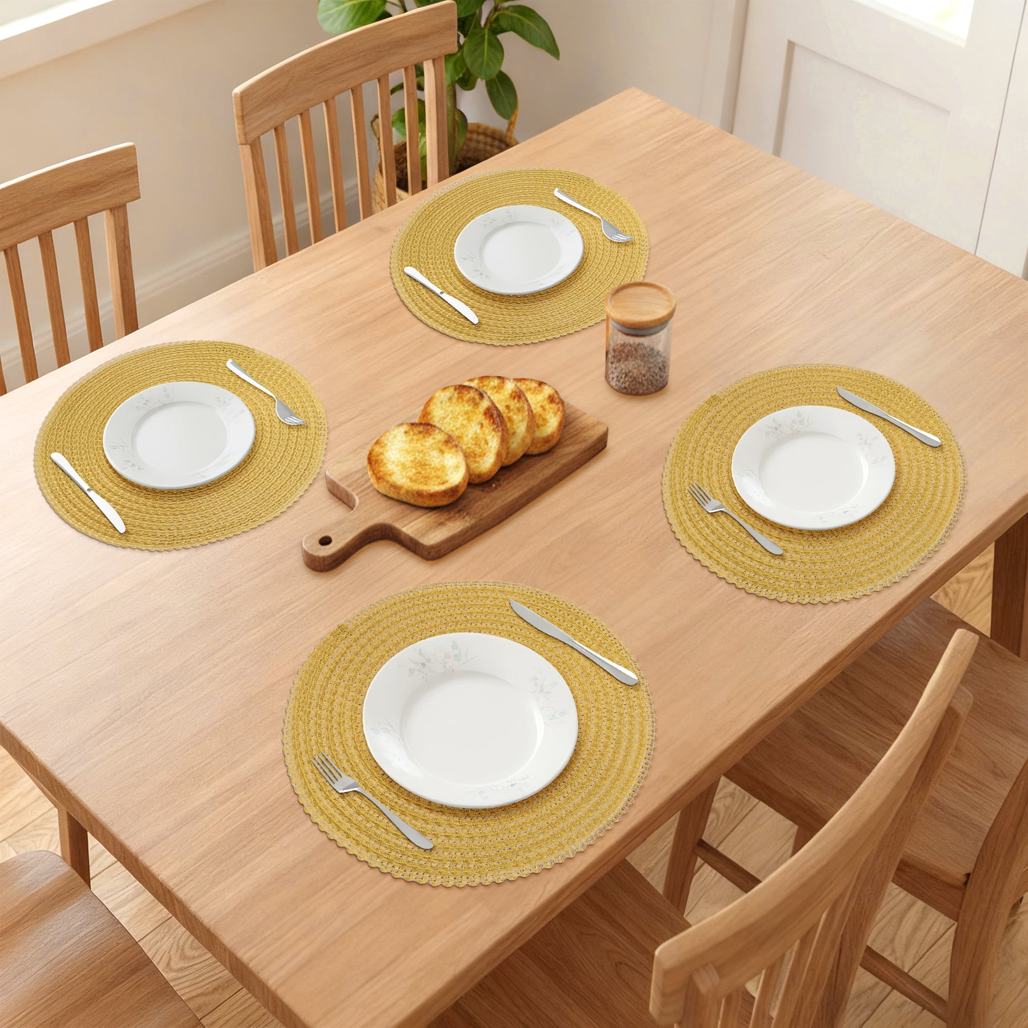 Unique Bargains Set of 6 Round Woven Placemats for Dining Table Yellow