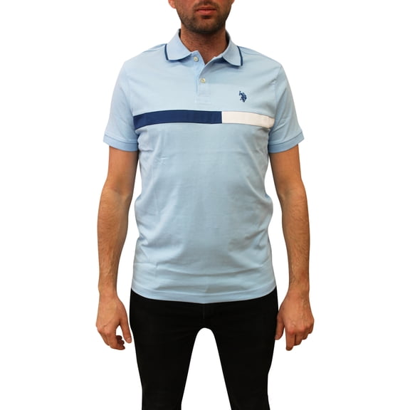 U.S. Polo Assn. Men's Slim Fit Short Sleeve Color Block Jersey Polo Shirt, Blue Oxford, Medium
